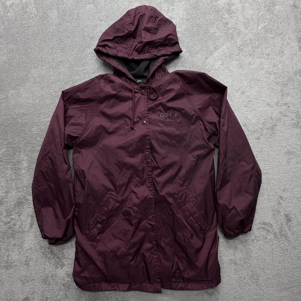 OBEY Jacket Mens S Purple Windbreaker Hooded Lined Snap Closure Mid-Length